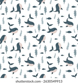 Cute ocean seamless pattern with whale, fish and seaweeds. Adorable sea animals pattern for kids. Whimsical nautical hand drawn vector design in flat cartoon style