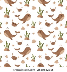Cute ocean seamless pattern with whale, crab, starfish, shell and seaweeds. Adorable sea animals pattern for kids. Whimsical nautical hand drawn vector design in flat cartoon style