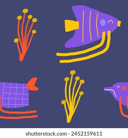 Cute ocean underwater seamless pattern. Funny hand drawn doodle repeatable pattern with angelfish, fish, sea plant, seeweed. Ocean reef life theme background
