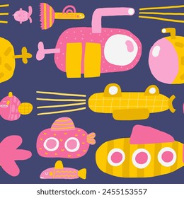 Cute ocean underwater seamless pattern. Funny hand drawn doodle repeatable pattern with bathyscaphe, submarine, sub. Ocean reef life theme background