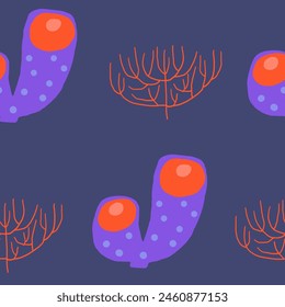 Cute ocean underwater seamless pattern. Funny hand drawn doodle repeatable pattern with seaweed, sea plant, coral, sponge, reef. Ocean reef life theme background