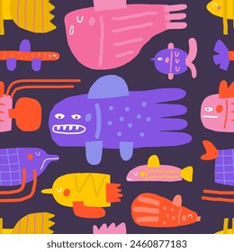 Cute ocean underwater seamless pattern. Funny hand drawn doodle repeatable pattern with fish characters set, angelfish. Ocean reef life theme background