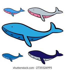 Cute Ocean Whale Character Doodle Set for Stickers Packaging and Marketing
