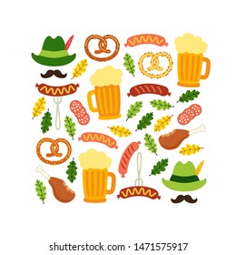 Cute Octoberfest Menu background with symbols as beer, sausage, pretzel, green german costume hunting hat with feather, mustache and oak leaves isolated on white for your decoration