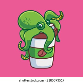 cute octopus above of coffee paper glass. isolated cartoon animal nature illustration. Flat Style Sticker Icon Design Premium Logo vector. Mascot Character