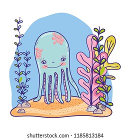 cute octopus animal with seaweed plants