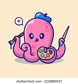 Cute Octopus Artist Painting Cartoon Vector Icon Illustration. Animal Education Icon Concept Isolated Premium Vector. Flat Cartoon Style