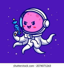 Cute Octopus Astronaut Holding Space Gun Cartoon Vector Icon Illustration. Animal Technology Icon Concept Isolated Premium Vector. Flat Cartoon Style
