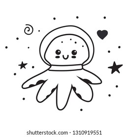 Cute octopus astronaut. Vector hand drawn illustrations for greeting card, t shirt, baby or kids wear, nursery, flyer, banner, print, stickers, posters design.