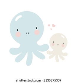 Octopus lindo con bebé. Estilo de caricatura. Ilustración vectorial. Para los niños cosas, tarjetas, carteles, pancartas, libros para niños, impresión en el envase, impresión en ropa, tela, papel pintado, textil o vajilla.