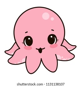 Cute Octopus Baby Icon. Trendy Vector Sea Kid Character for your Design of Stickers, T-Shirt, Card, Cover, Notebook. Kawaii Vector on Blue Bubble Background. Little Octopus Girl and Boy.