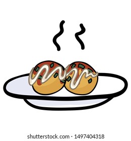 Cute octopus balls on plate vector. Hand drawn Japanese cultural snack.