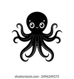 Cute octopus black silhouette vector, ideal for marine-themed designs and adorable sea life illustrations.