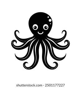 Cute octopus black silhouette vector, ideal for playful sea creature designs and illustrations.