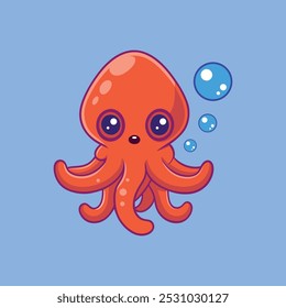 Cute Octopus With Blue Bubbles Cartoon Vector Icon Illustration.