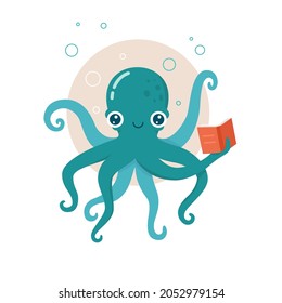 Cute octopus with book. Sea mollusk. Illustration reading library reader.Smart octopus, smart animal