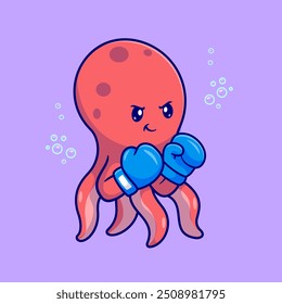 Cute Octopus Boxing Cartoon Vector Icon Illustration. Animal Sport Icon Concept Isolated Premium Vector. Flat Cartoon Style