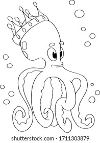 Cute octopus boy in the crown. black and white vector illustration in a cartoon style for a coloring book