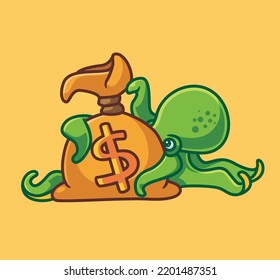 cute octopus bring money sack. isolated cartoon animal illustration. Flat Style Sticker Icon Design Premium Logo vector. Mascot Character