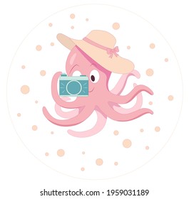 Cute octopus with camera isolated on white background. Vector illustration