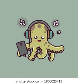 cute octopus cartoon character playing smartphone and listening to music