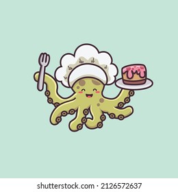 cute octopus cartoon character wearing chef hat and cooking cake