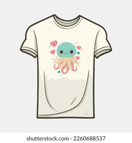 Cute Octopus cartoon with love hearts, t shirt template for valentine's day