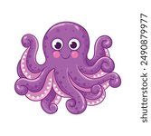 Cute octopus in cartoon style. Vector purple octopus on a white background.