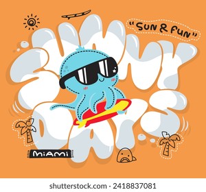 Dibujo de pulpo lindo surfeando y usando gafas de sol con textos soleados al estilo burbuja aislado en el vector de ilustración de fondo naranja.