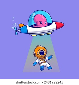 Cute Octopus Catching Diver With Submarine UFO Cartoon Vector Icon Illustration. Science Animal Icon Concept Isolated Premium Vector. Flat Cartoon Style