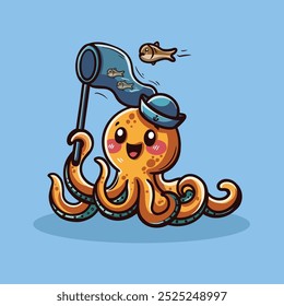 cute octopus catching fish illustration