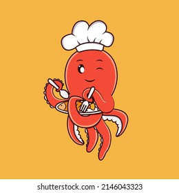 Cute octopus character cartoon vector illustration. Funny octopus chef eating fish. Animal food icon concept.