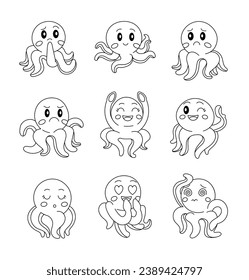 Carácter de pulpo lindo. Colorante de página. El molusco acuático kawaii animal posa y emociones diferentes, amor, alegría, tristeza, rabia. Dibujo de vectores. Colección de elementos de diseño.