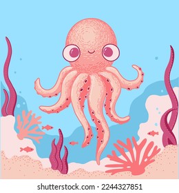 Cute octopus character design. Colorful underwater scene with kawaii marine creature in cartoon style. 