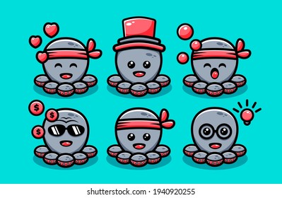 a cute octopus character design set with multiple expression