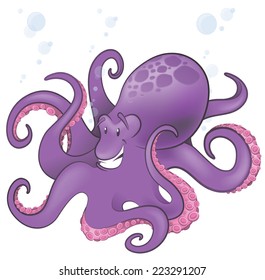 Cute Octopus Character. Great illustration of a Cute Cartoon Octopus swimming along in the sea.  