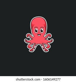 Cute octopus Character illustration with red color and dark background 