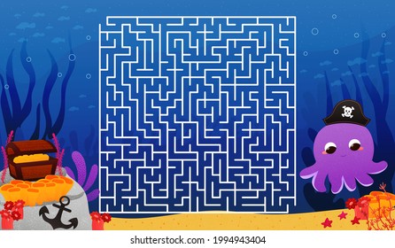 Cute octopus character for printable worksheet for kids, find right way to chest, pirate theme labyrinth, underwater