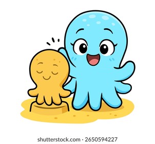 Cute octopus character proudly shows off a sand sculpture of another octopus. A charming vector illustration about creativity, friendship, and beach fun. Perfect for a greeting card or childrens story