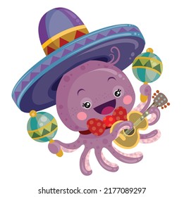 cute octopus character with rattles in his hands and in a sombrero on his head, cartoon illustration, isolated object on a white background, vector, eps