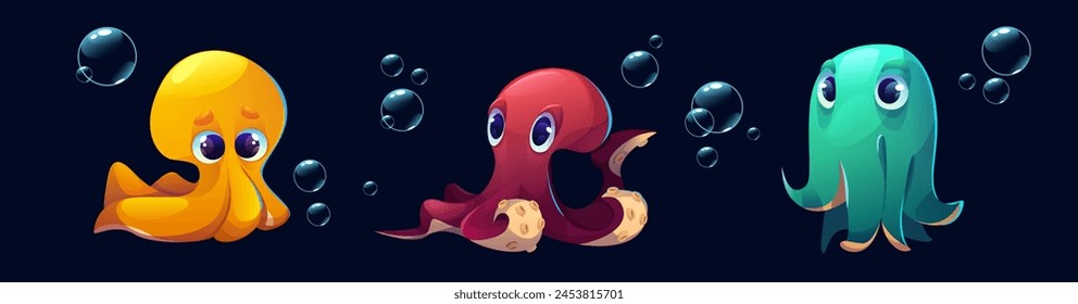 Lindo pulpo. Caricatura de calamar bebé de mar. Animal divertido con tentáculo de dibujo Clipart. Monstruo kraken submarino en rojo y naranja. Invertebrado amistoso océano criatura juego activo colección