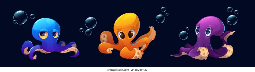 Cute octopus character. Sea baby squid cartoon. Funny animal with tentacle drawing clipart. Underwater kraken monster in blue and orange. Invertebrate friendly ocean creature game asset collection