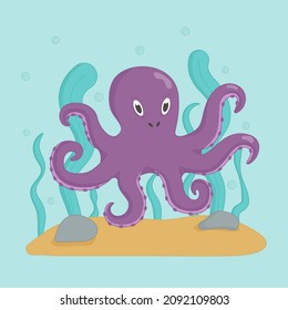 Cute octopus character. Underwater world. Flat vector illustration
