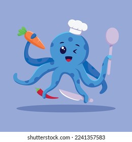 Cute Octopus Chef Cartoon Illustration