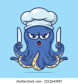 Cute octopus chef holding knife wearing chef hat cartoon vector