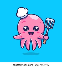 Cute octopus chef holding spatula cartoon