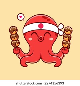 Chef De Octopus Con Ilustración De Icono Del Vector De Comida Takoyaki. Vector Premium Aislado De Icono De Alimentos Animales. Estilo de dibujo plano