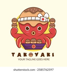 Cute Octopus Chef With Takoyaki Food Cartoon Vector Icon Illustration. Animal Food Icon Concept Isolated Premium Vector.