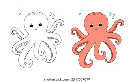 Cute octopus, color and outline cartoon sea animal for children. Vector line nautical illustration for coloring book and page