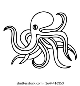 Cute octopus coloring book page for kids. Cartoon cute marine wild animals, sea elements. Vector outline illustration. Black and white hand drawn doodle for coloring book.